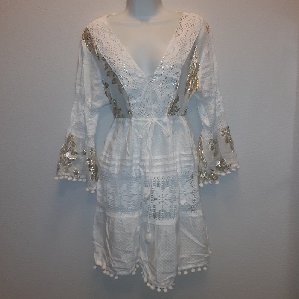 Croatian Swim Cover-Up * Dress / Tunic * White Cotton & Gold Thread* Embellished